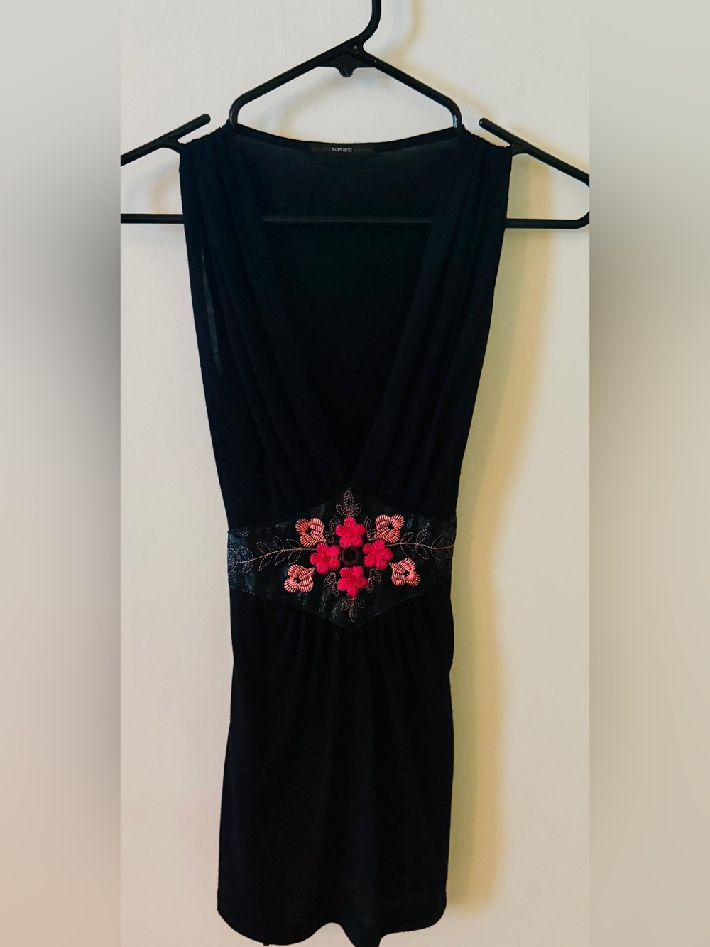 Soprano Black Top with Pink Floral Waist Embroidery (S)